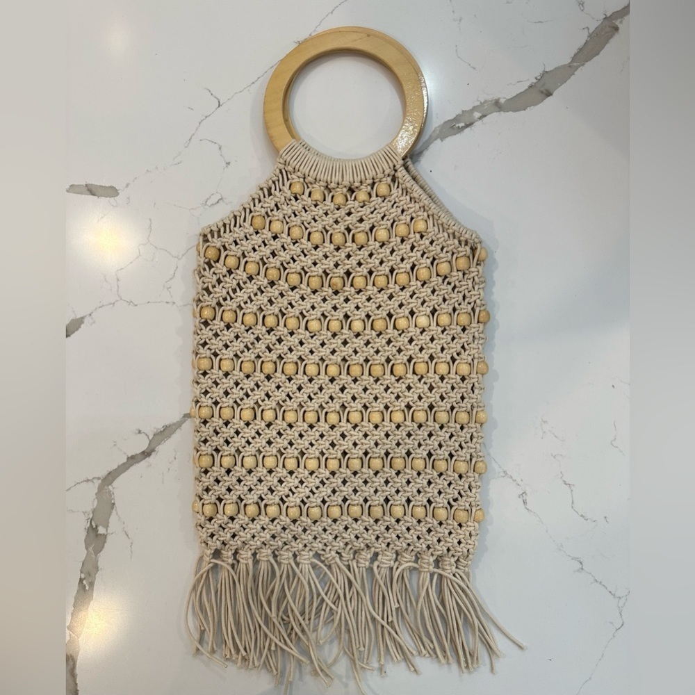 Macrame beach bag with wood, beading, design and wooden circular handles  boho